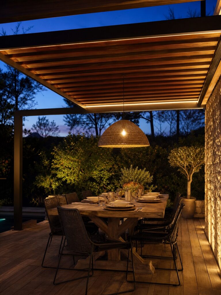 Pergola dining lighting with pendant and LEDs Outdoor dining table under a modern pergola with a warm pendant and integrated LED beam lighting. | Sky Rye Design Outdoor dining table under a modern pergola with a warm pendant and integrated LED beam lighting.