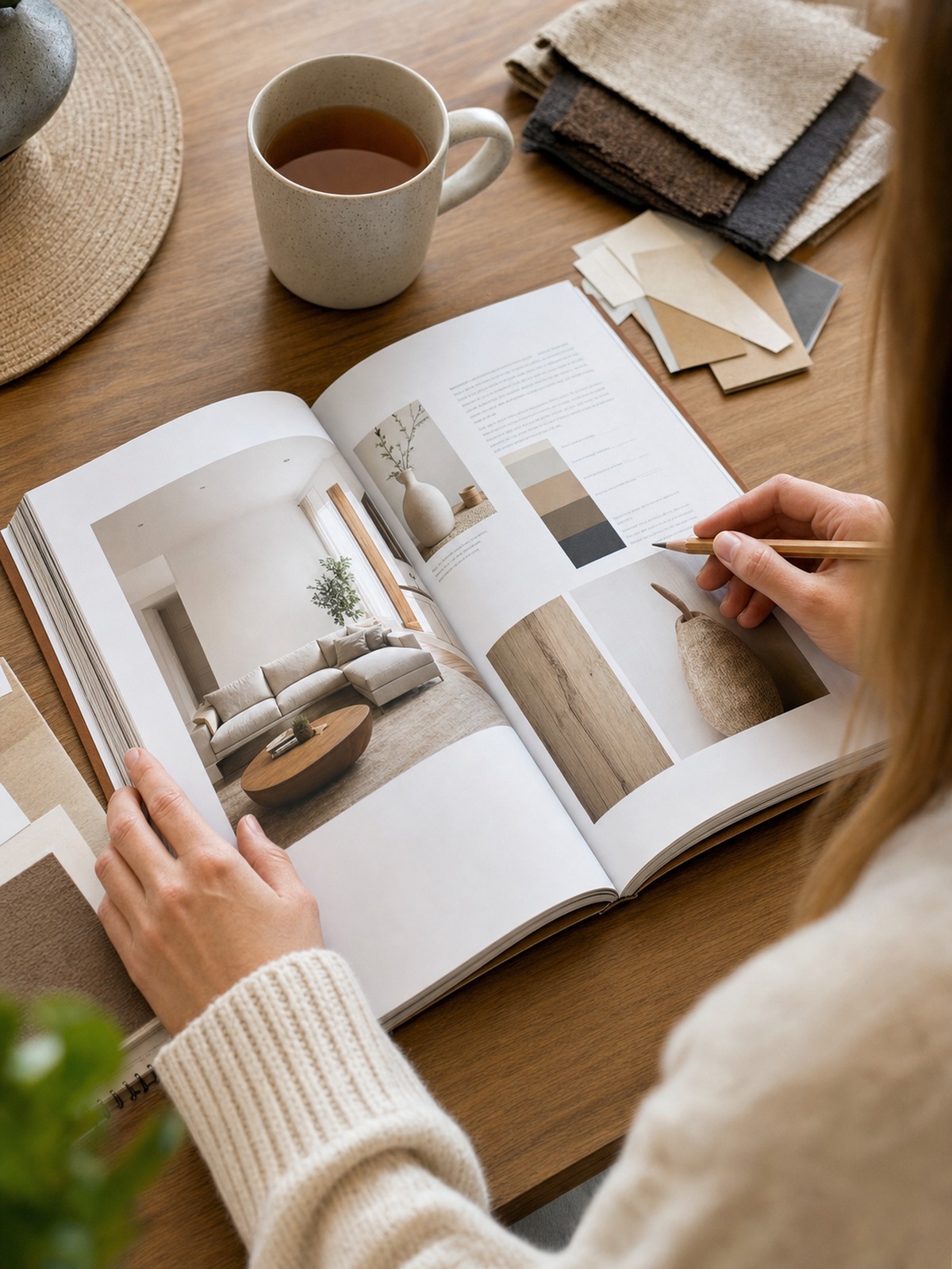 Person reading an interior design book at a desk Person reading an open interior design book at a wooden desk with tea and pencil nearby | Sky Rye Design Person reading an open interior design book at a wooden desk with tea and pencil nearby