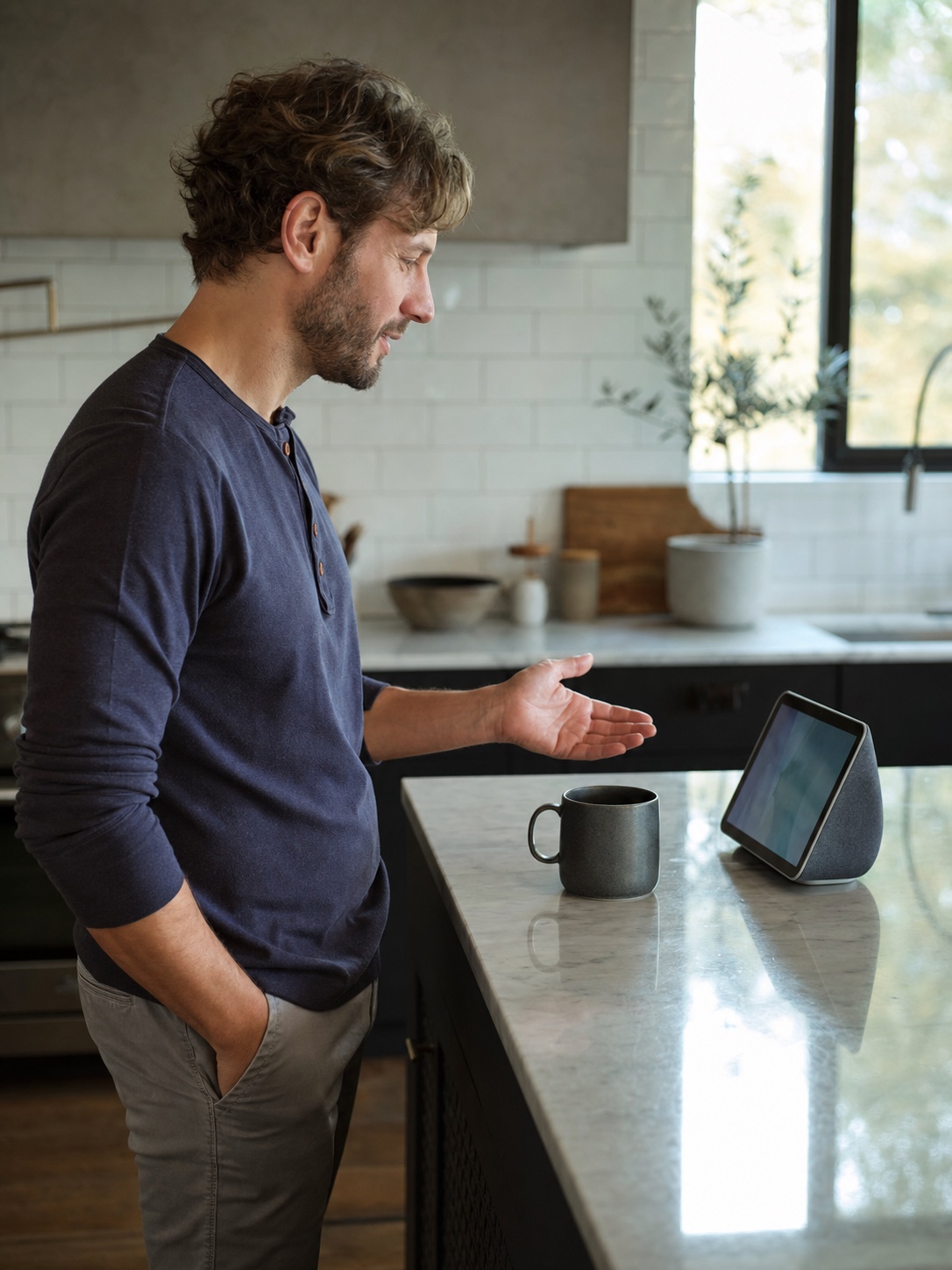 Person in a modern kitchen speaking to a small smart display on the counter.