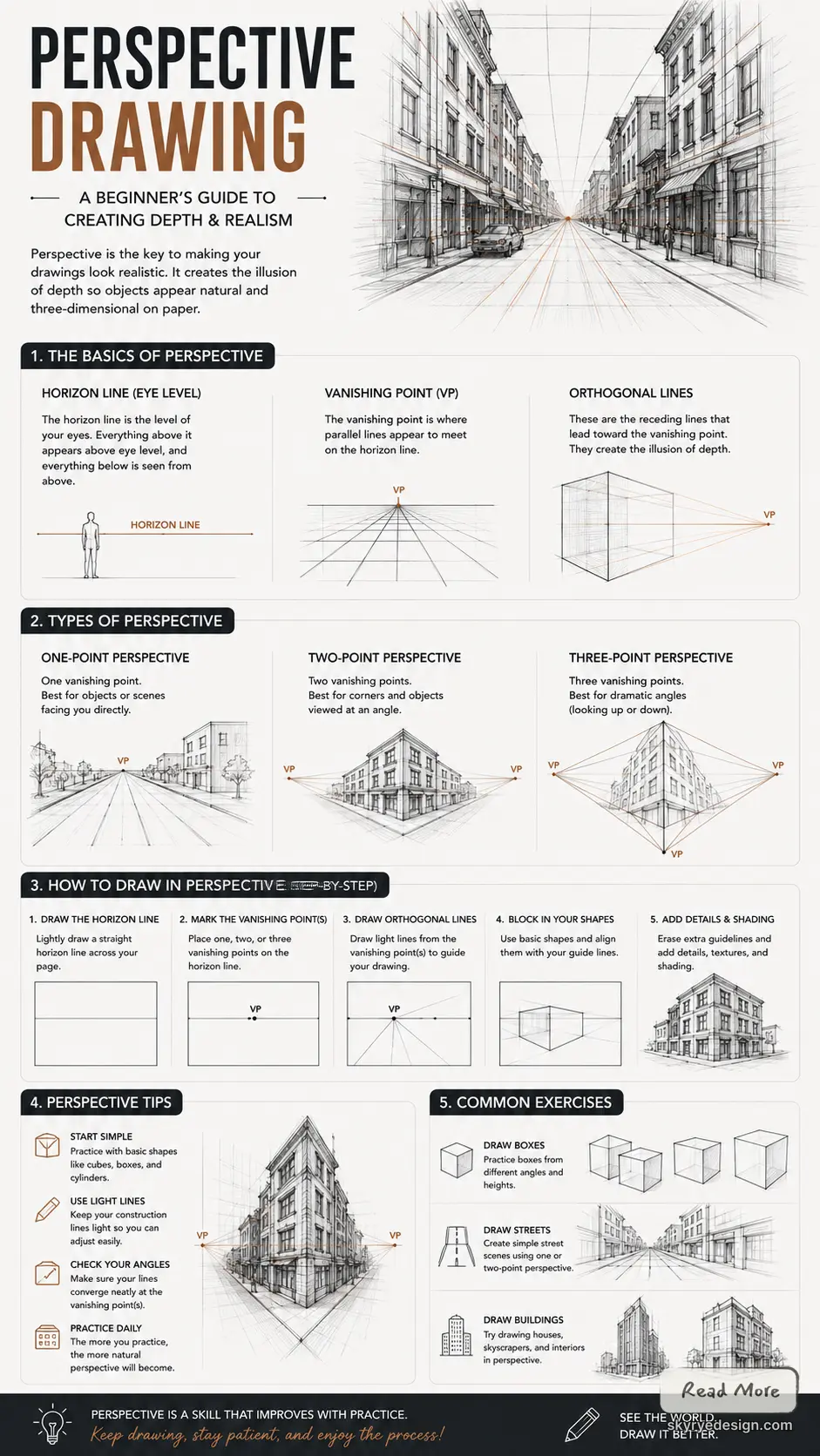 perspective drawing-1 Perspective drawing infographic, beginner's guide to one, two, three-point perspective, vanishing points & horizon line | Sky Rye Design Perspective drawing infographic, beginner's guide to one, two, three-point perspective, vanishing points & horizon line