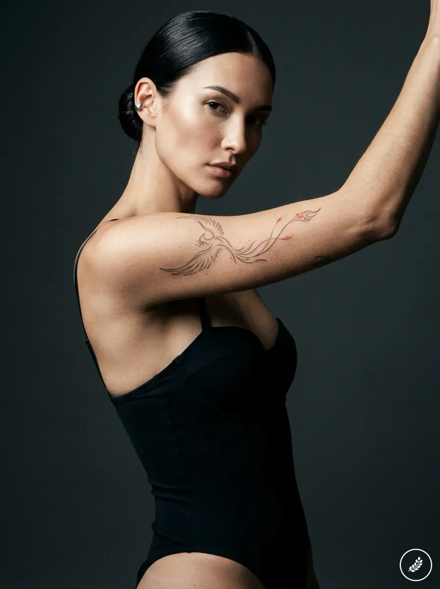 Woman_with_phoenix_tattoo_202607230001 Woman with dark hair in a sleek bun wearing a black one-piece, arm raised to show a bird tattoo on her forearm. | Sky Rye Design Woman with dark hair in a sleek bun wearing a black one-piece, arm raised to show a bird tattoo on her forearm.