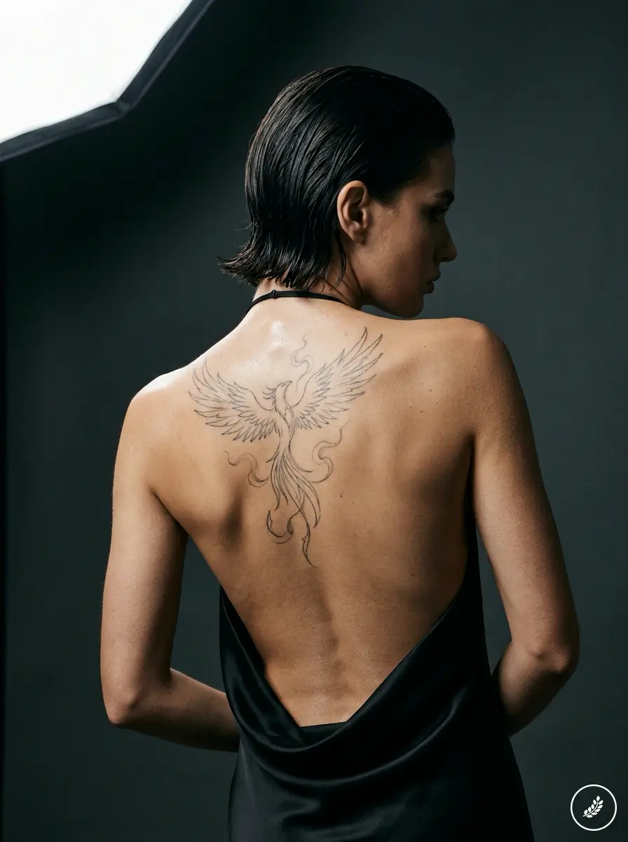 Model_with_phoenix_tattoo_202607230000 Back view of a person wearing a black open-back dress, revealing a large phoenix tattoo on the upper back. | Sky Rye Design Back view of woman in black backless dress showcasing detailed phoenix back tattoo on upper back