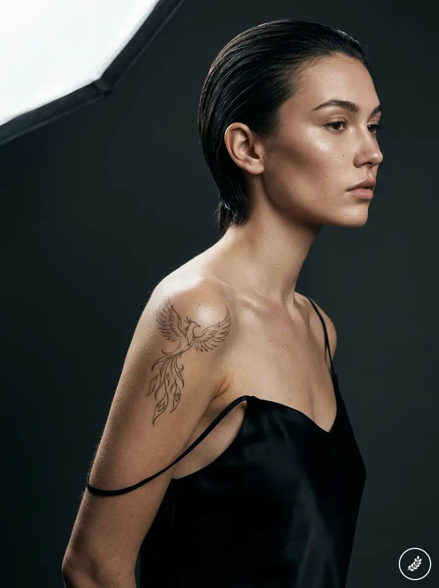 Woman_with_phoenix_tattoo_202607222359 Editorial studio portrait of model with slick short hair in black slip dress, showcasing phoenix shoulder tattoo. | Sky Rye Design Editorial studio portrait of model with slick short hair in black slip dress, showcasing phoenix shoulder tattoo.