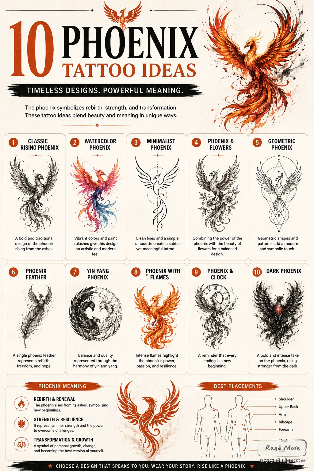 Phoenix tattoo infographic: 10 design ideas, styles, meanings and best placements (rebirth, strength, transformation)