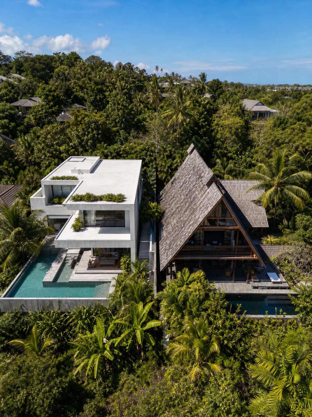 Aerial comparison of a flat-roof concrete villa and a steep-pitched timber villa among tropical hillside vegetation.