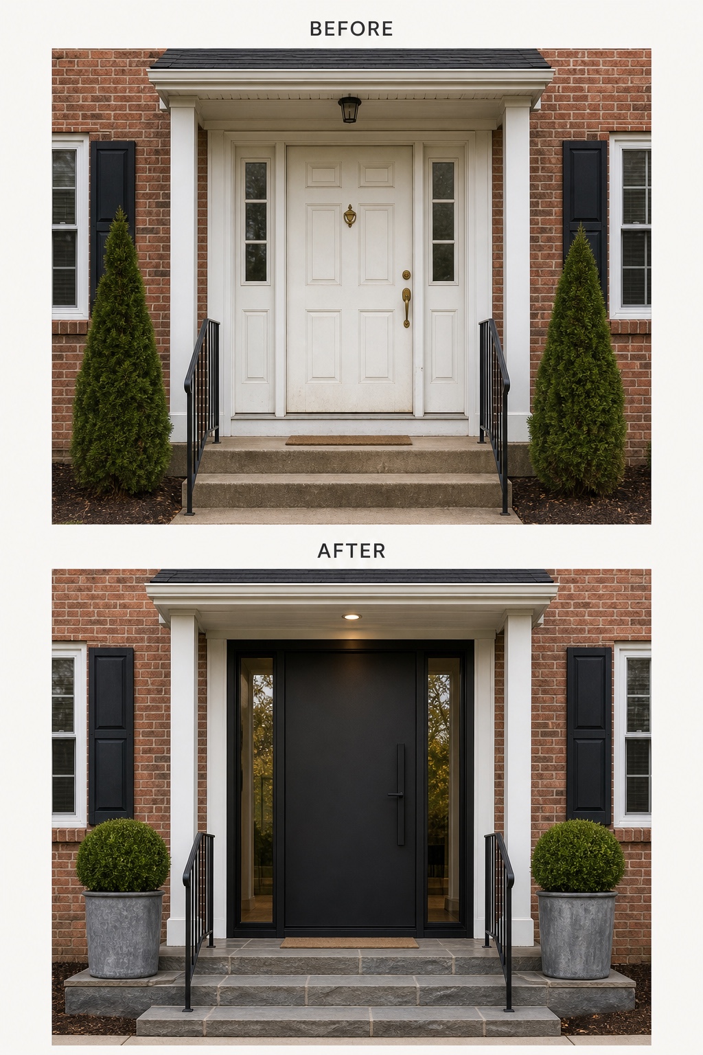 Before and after entry redesign with a yellowed standard door replaced by an oversized matte black pivot door, stone step, and clipped planters.