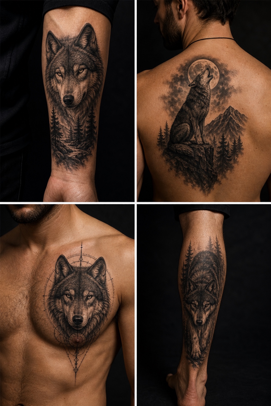 Four-panel reference showing wolf tattoo placements on forearm, back, chest, and calf.