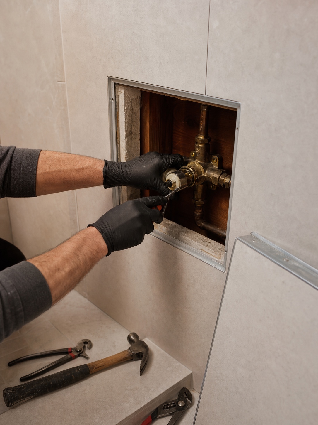 A plumber repairing a shower valve through an open bathroom access panel, with gloved hands and tools visible.