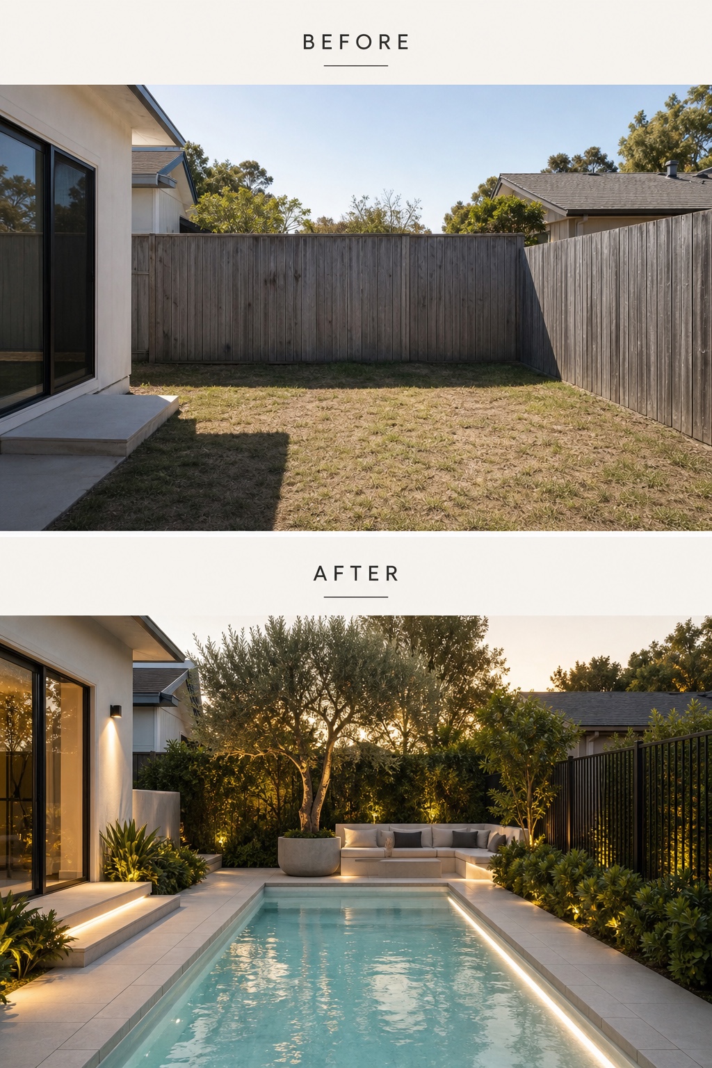Before and after backyard transformation from patchy lawn and plain pavers to a plunge pool, porcelain pavers, seating, planting, and ambient lighting.