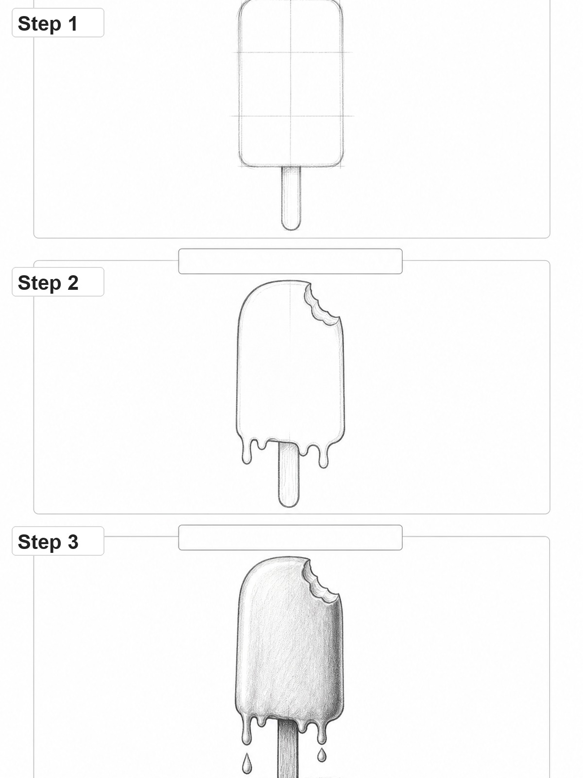Popsicle ice lolly drawing step by step Three-step pencil tutorial showing how to draw a popsicle with rounded top stick bite mark and drips | Sky Rye Design Three-step pencil tutorial showing how to draw a popsicle with rounded top stick bite mark and drips