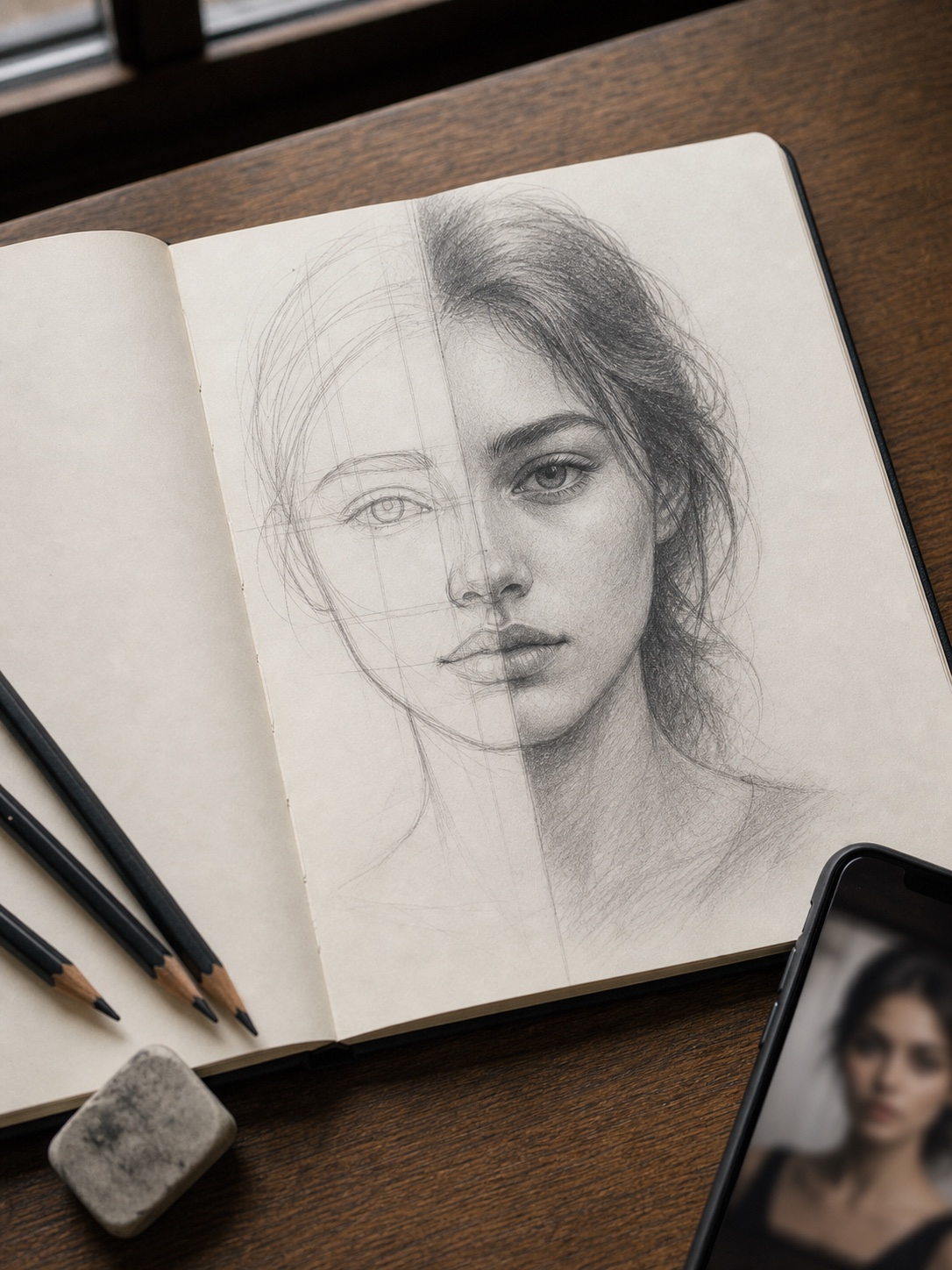 Open sketchbook with a graphite portrait study showing structure lines and developed shading.