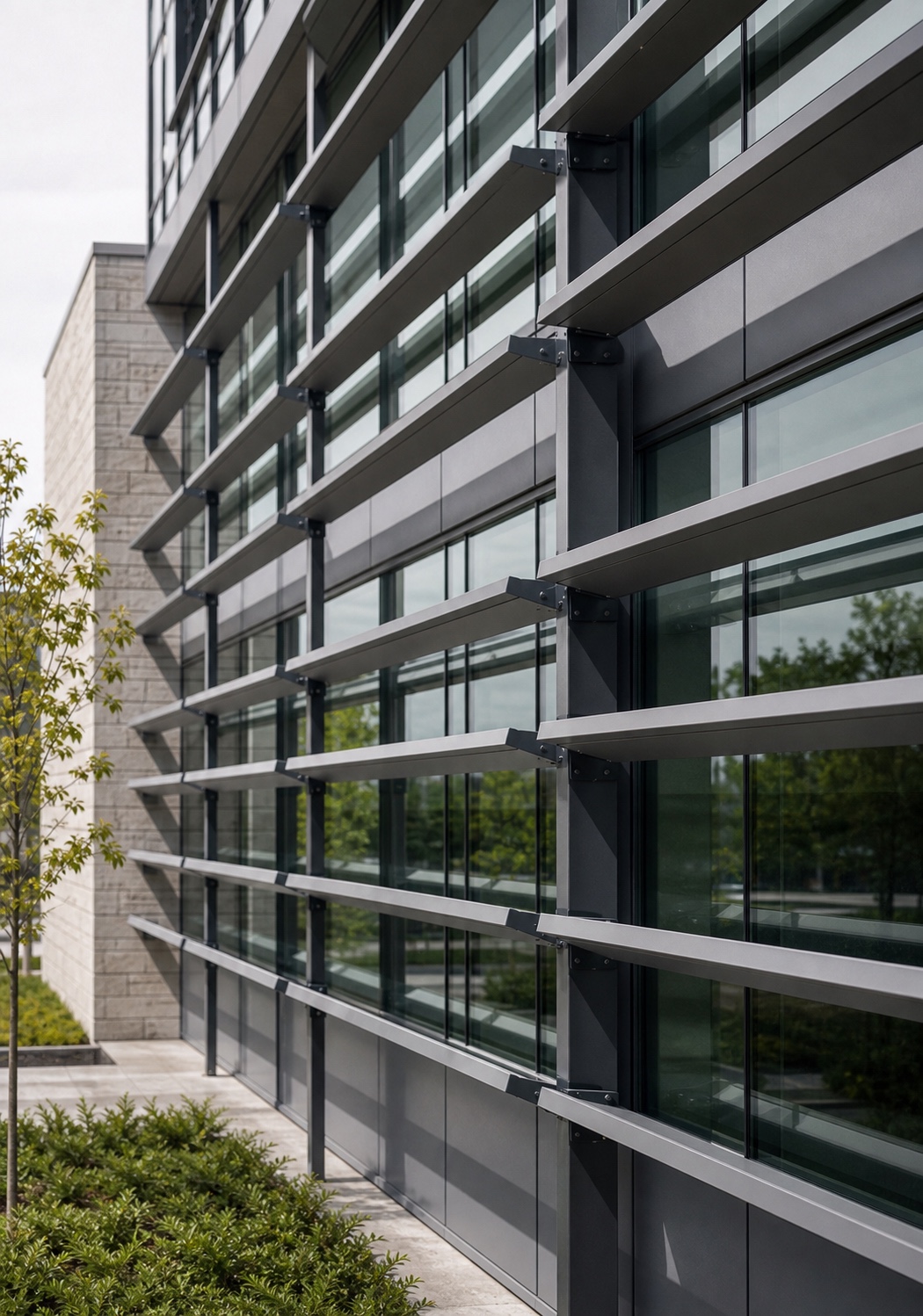 Powder Coated Aluminum Sunshade Louvers Facade Modern facade with powder-coated aluminum sunshade louvers mounted over a glass curtain wall. | Sky Rye Design Modern facade with powder-coated aluminum sunshade louvers mounted over a glass curtain wall.