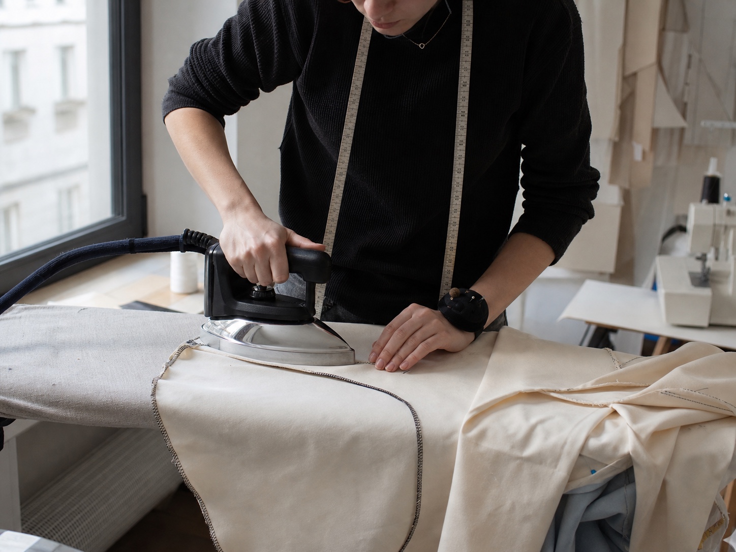 Sewer pressing a freshly serged seam allowance on an ironing board in a sewing studio.