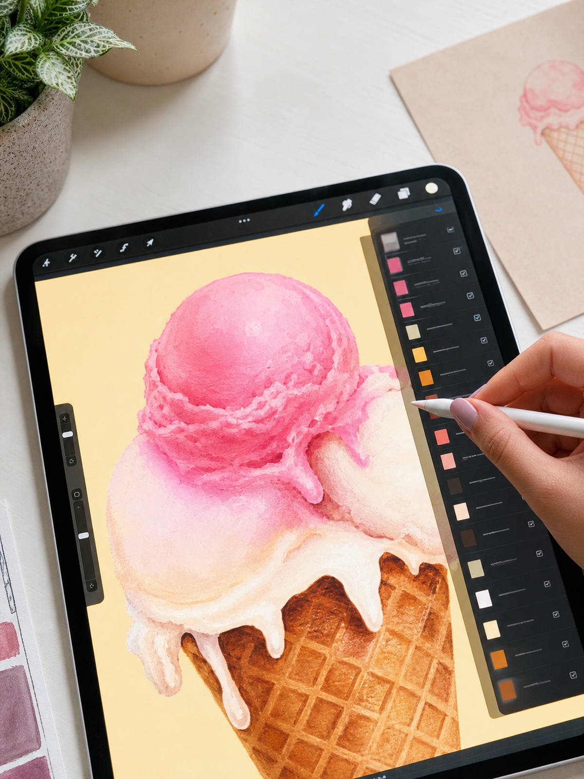Tablet showing a colorful digital ice cream illustration in progress with a stylus on a bright desk