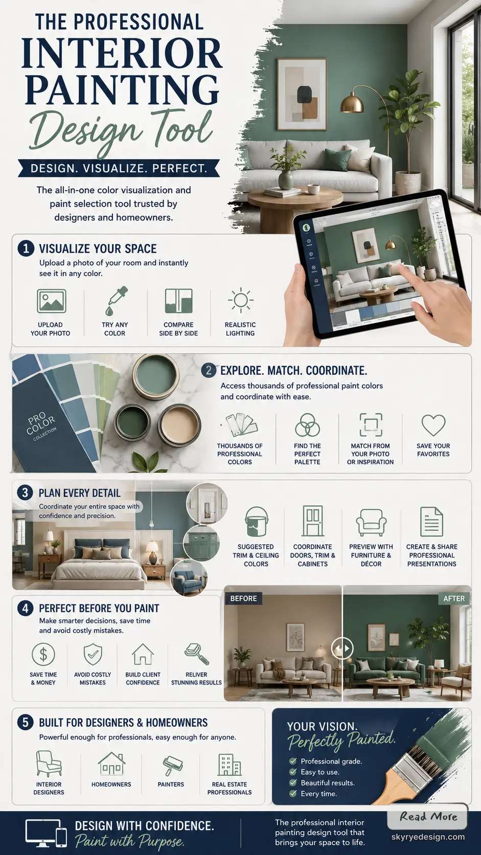 Interior painting design tool infographic: room color visualization on tablet, paint palettes and before/after living room