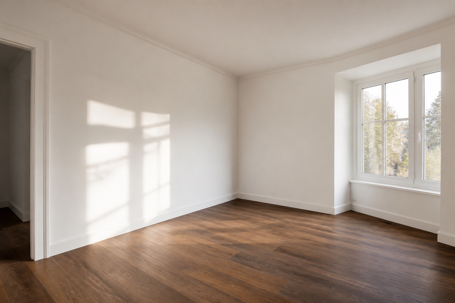 A freshly painted minimal living room with warm matte white walls in afternoon window light