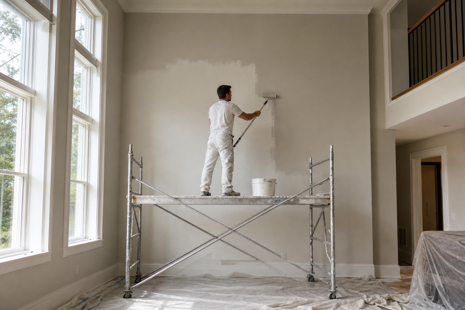 A professional painter using a roller in a tall-ceilinged room with scaffolding and drop cloths