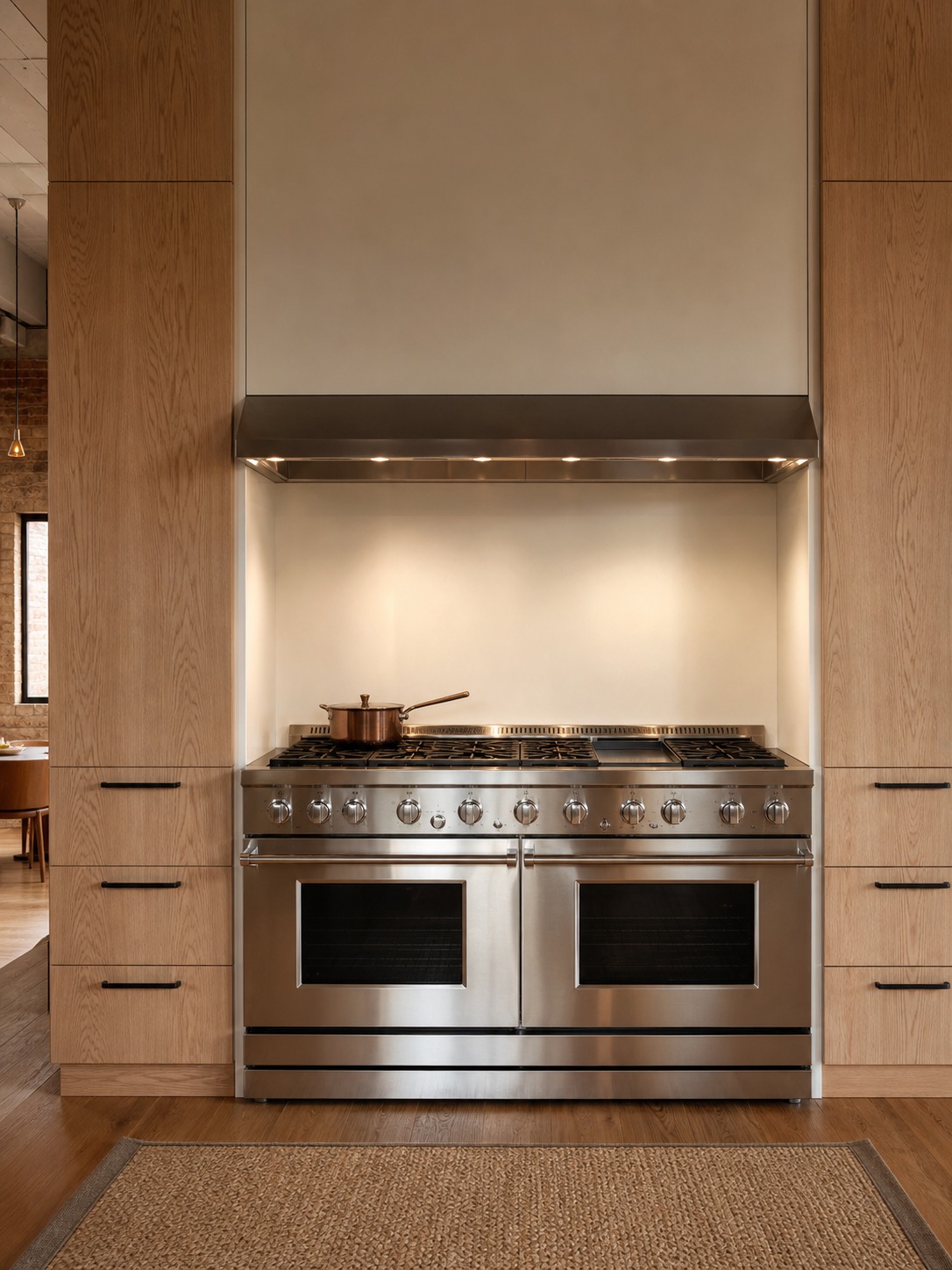 Professional dual-fuel range installed flush between custom white oak kitchen cabinetry.