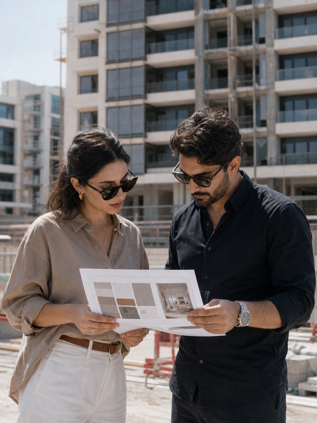Property buyer and architect reviewing a material schedule at an Abu Dhabi construction site