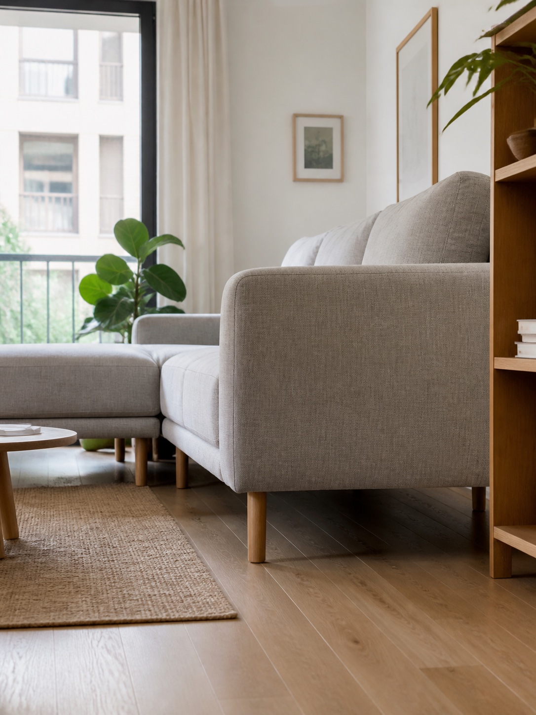 Raised leg sofa floor gap small apartment Modern modular sofa on raised wooden legs with visible floor underneath. | Sky Rye Design Modern modular sofa on raised wooden legs with visible floor underneath.