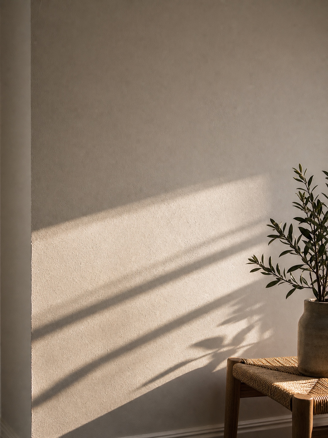 Raking afternoon sunlight showing subtle texture across a freshly painted matte wall