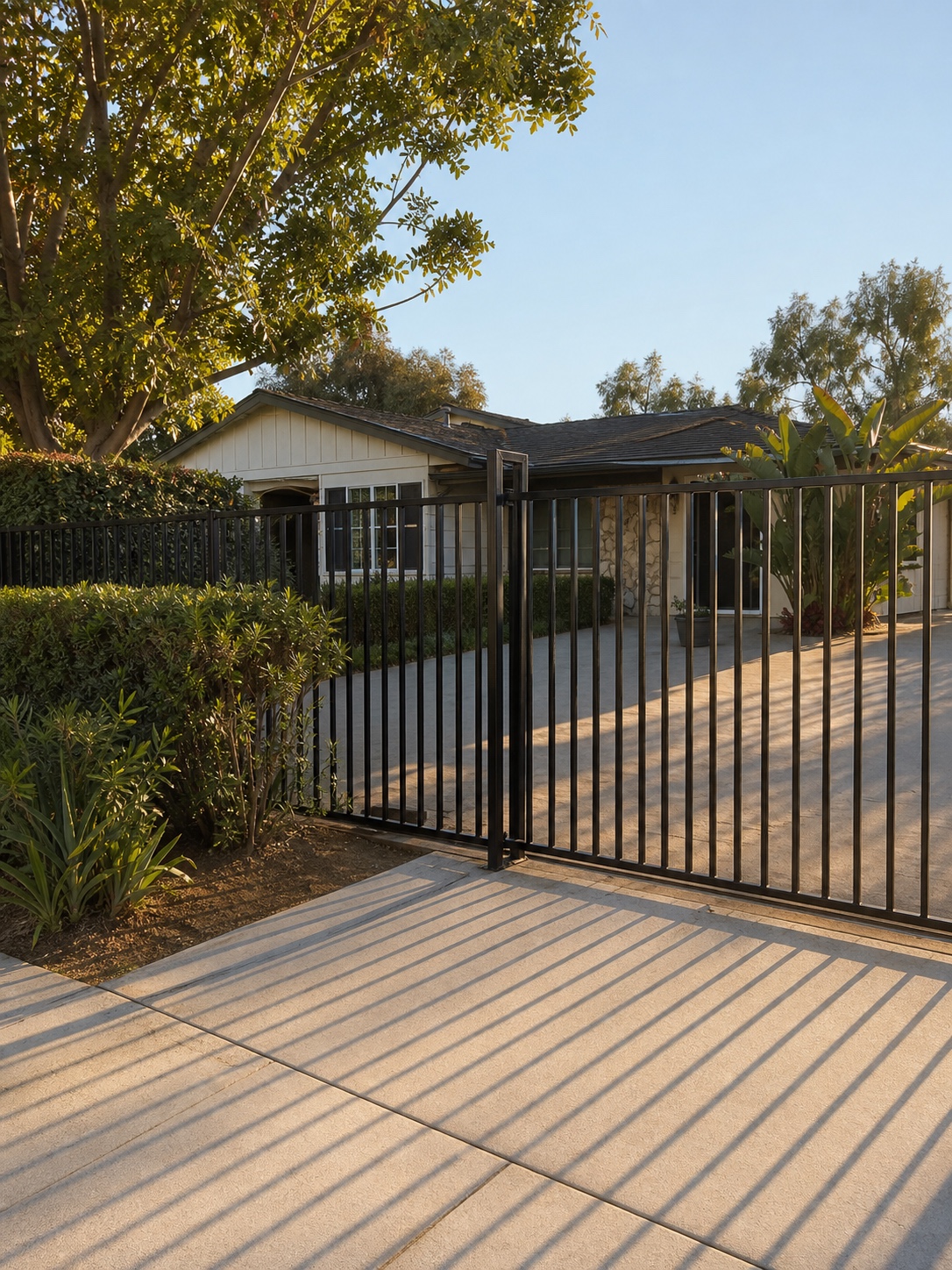 Ranch-style Van Nuys home with a black aluminum vertical picket fence
