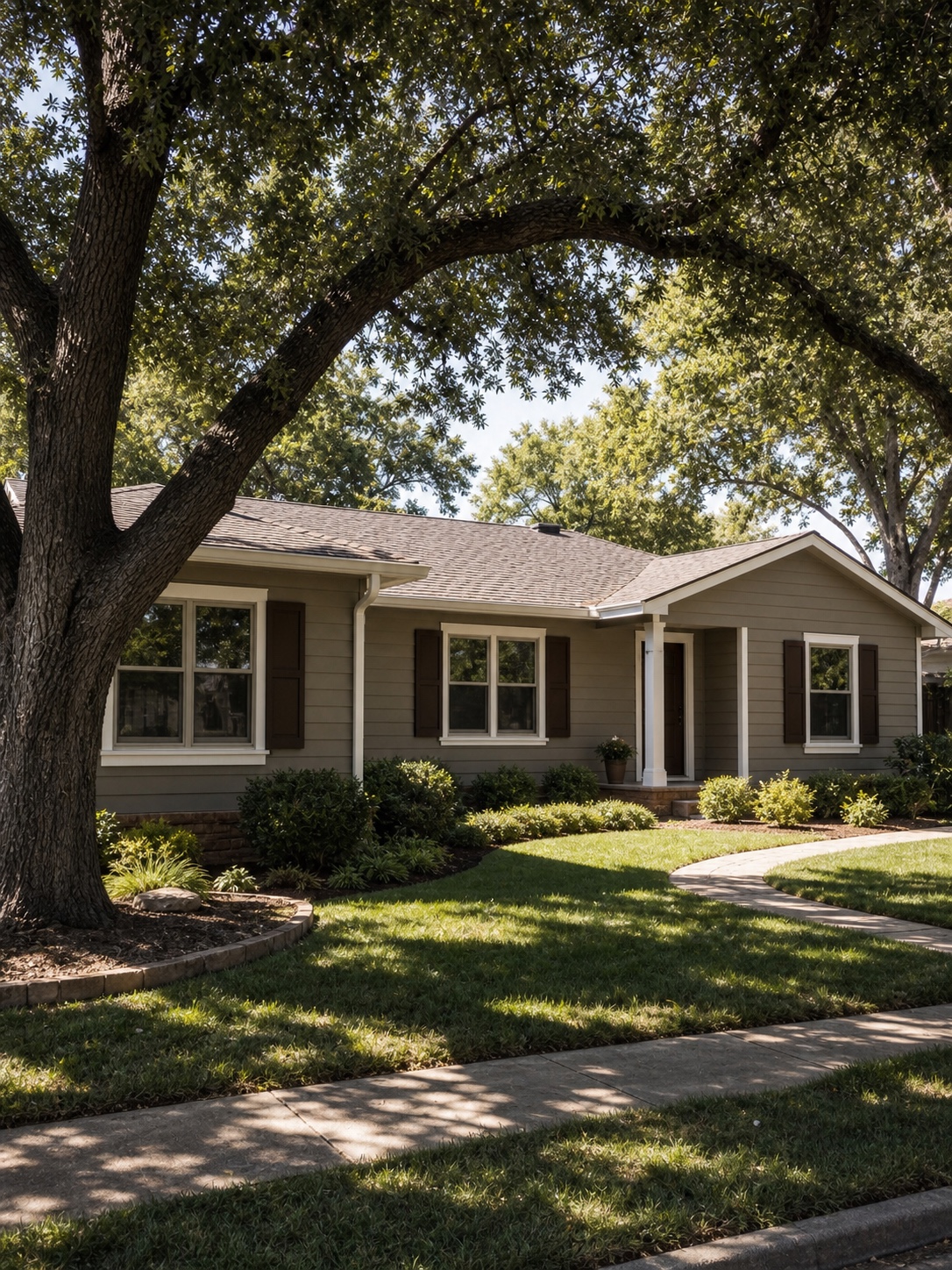 Ranch Home Earth Tones Low-profile ranch house with warm taupe siding, white trim, brown shutters, and mature trees in dappled light. | Sky Rye Design Low-profile ranch house with warm taupe siding, white trim, brown shutters, and mature trees in dappled light.