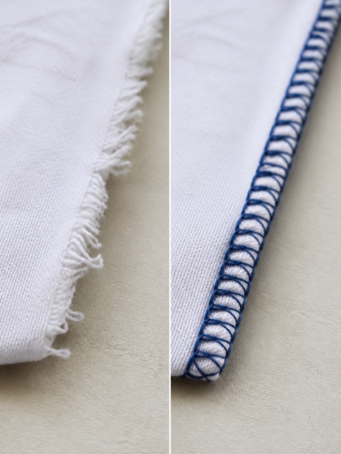 Macro comparison of a fraying raw fabric edge beside a clean overlock-finished edge.