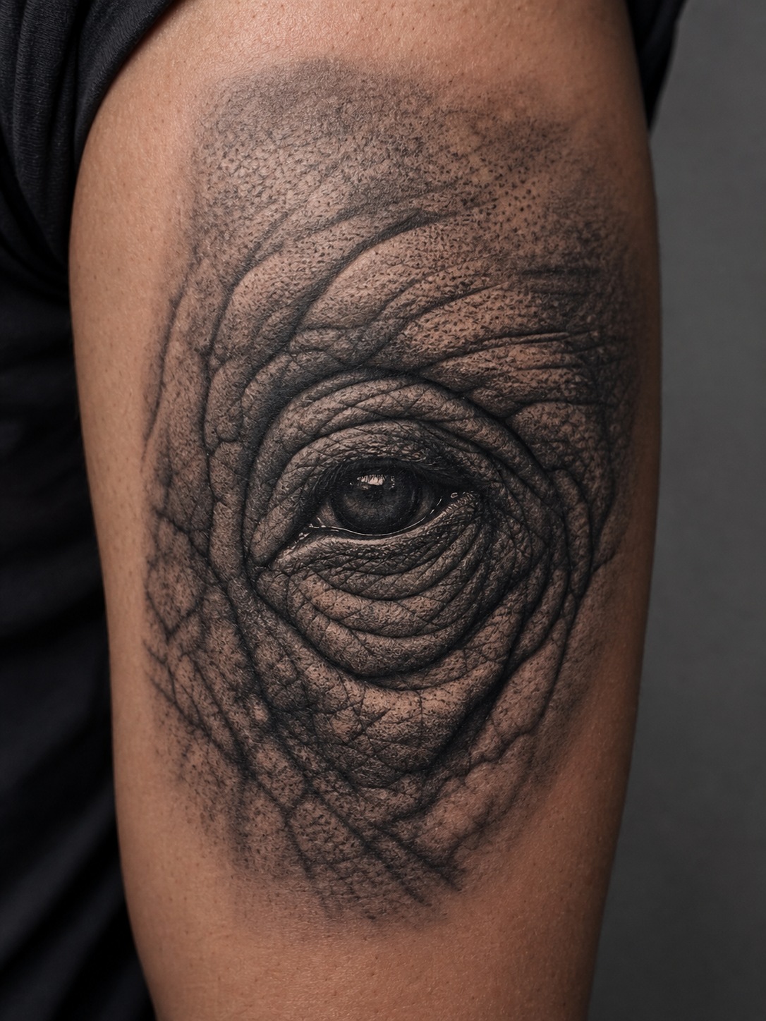 Realistic elephant eye close-up tattoo with detailed wrinkles and black and grey shading.