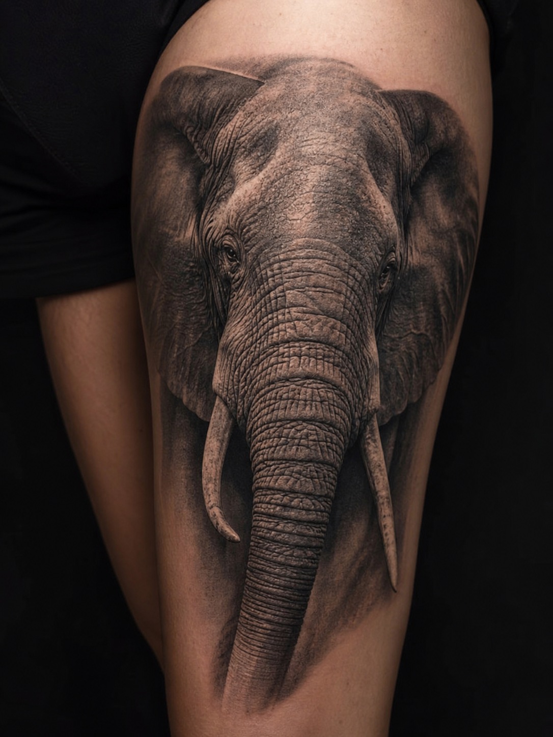 Realistic black and grey elephant head tattoo with deep shading and wrinkled skin texture.