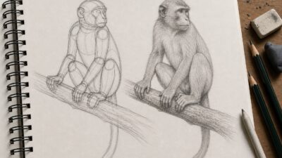 Realistic monkey pose construction drawing on a sketchbook page, with ovals, limb guides, branch placement, and a refined pencil sketch.