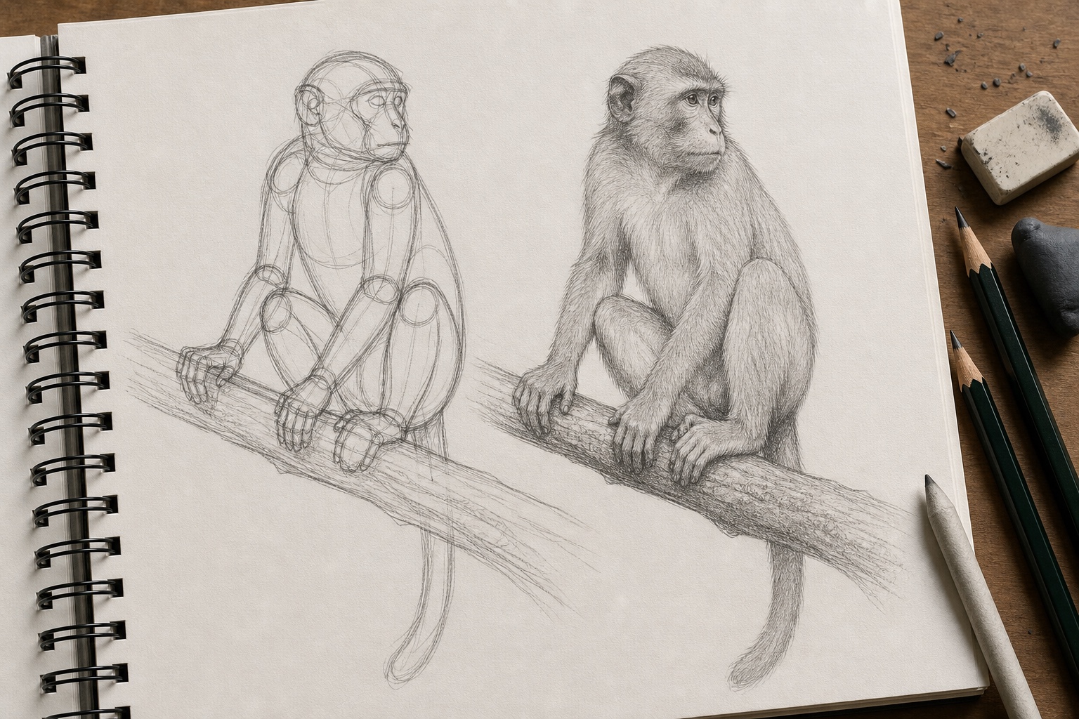 Realistic monkey pose construction drawing Realistic monkey pose construction drawing on a sketchbook page, with ovals, limb guides, branch placement, and a refined pencil sketch. | Sky Rye Design Realistic monkey pose construction drawing on a sketchbook page, with ovals, limb guides, branch placement, and a refined pencil sketch.