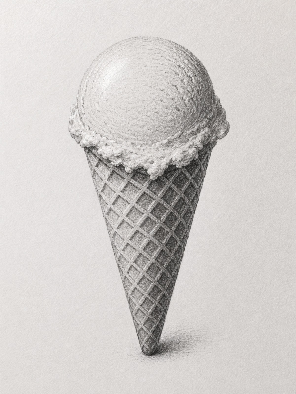 Realistic single scoop ice cream cone pencil drawing Pencil-drawn ice cream cone with a single scoop on a textured light background. | Sky Rye Design Realistic pencil drawing of a single scoop ice cream cone with waffle texture and shaded scoop