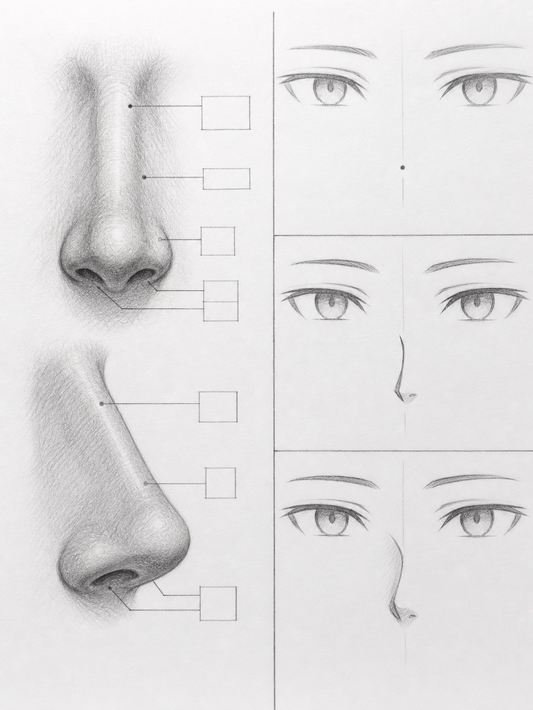 Pencil study comparing a realistic nose with simplified anime nose marks.