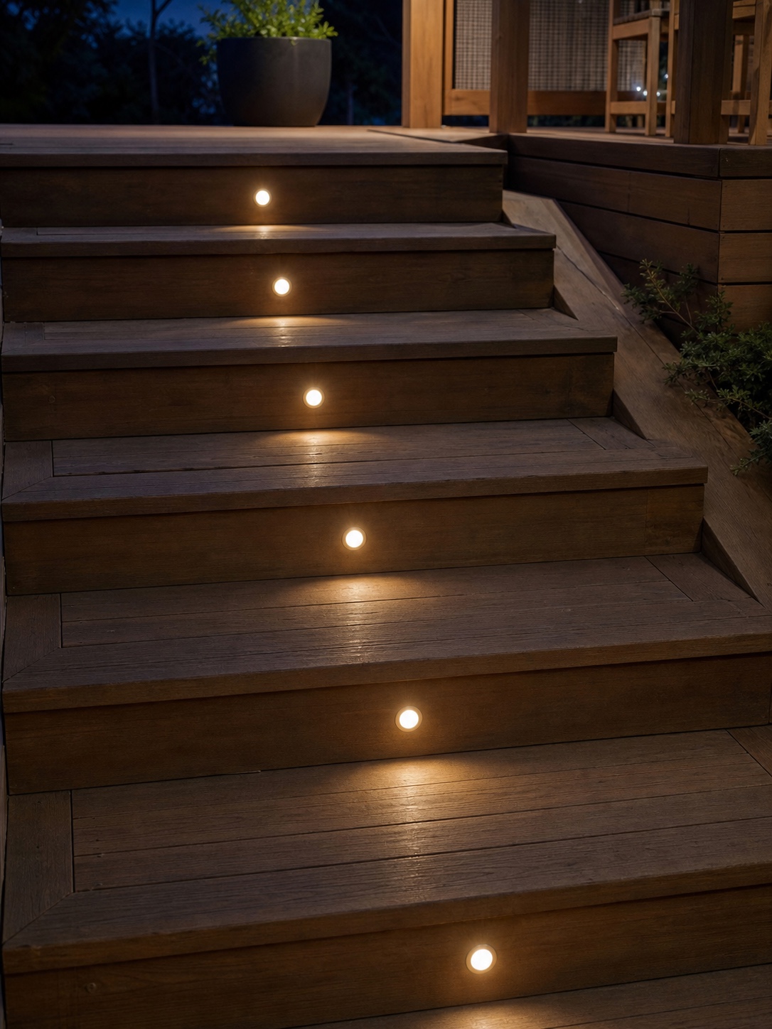 Recessed deck step lights at night Modern deck stairs at night with warm recessed LED lights set into the risers. | Sky Rye Design Modern deck stairs at night with warm recessed LED lights set into the risers.