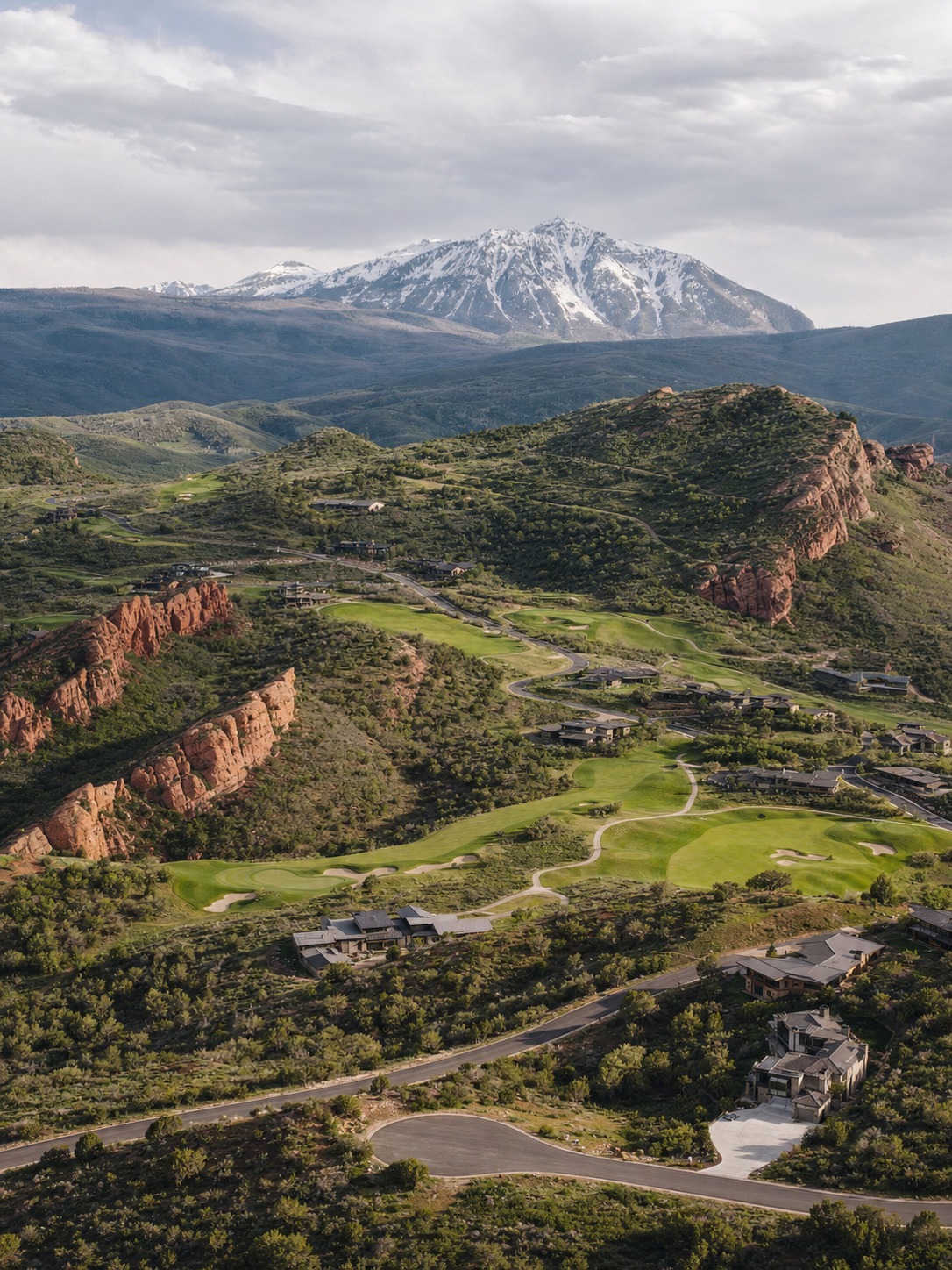 Aerial view of a Utah mountain community with red sandstone, golf fairways, and Mount Timpanogos in the distance