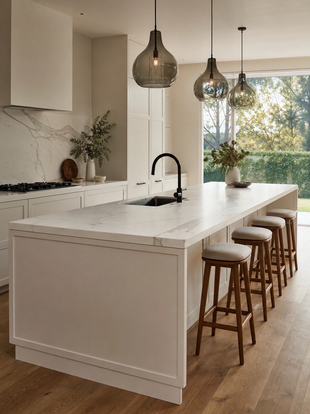 Residential kitchen render with a white island, marble worktop, black tapware, timber floor, and garden light.