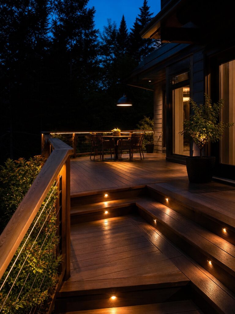 Restrained modern deck lighting design Modern deck at night with restrained warm step lights, under-rail glow, and a dim pendant over seating. | Sky Rye Design Modern deck at night with restrained warm step lights, under-rail glow, and a dim pendant over seating.