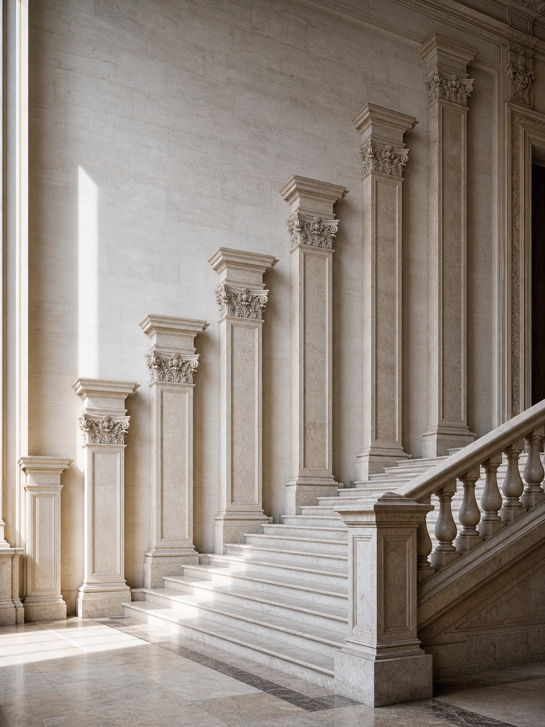 Progressive rhythm staircase increasing column heights progressive rhythm staircase increasing column heights | Sky Rye Design progressive rhythm staircase increasing column heights