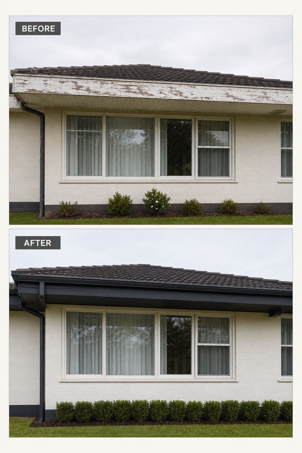 Before and after ranch house roofline with peeling white fascia replaced by charcoal aluminum fascia, soffit, gutters, and downpipes.