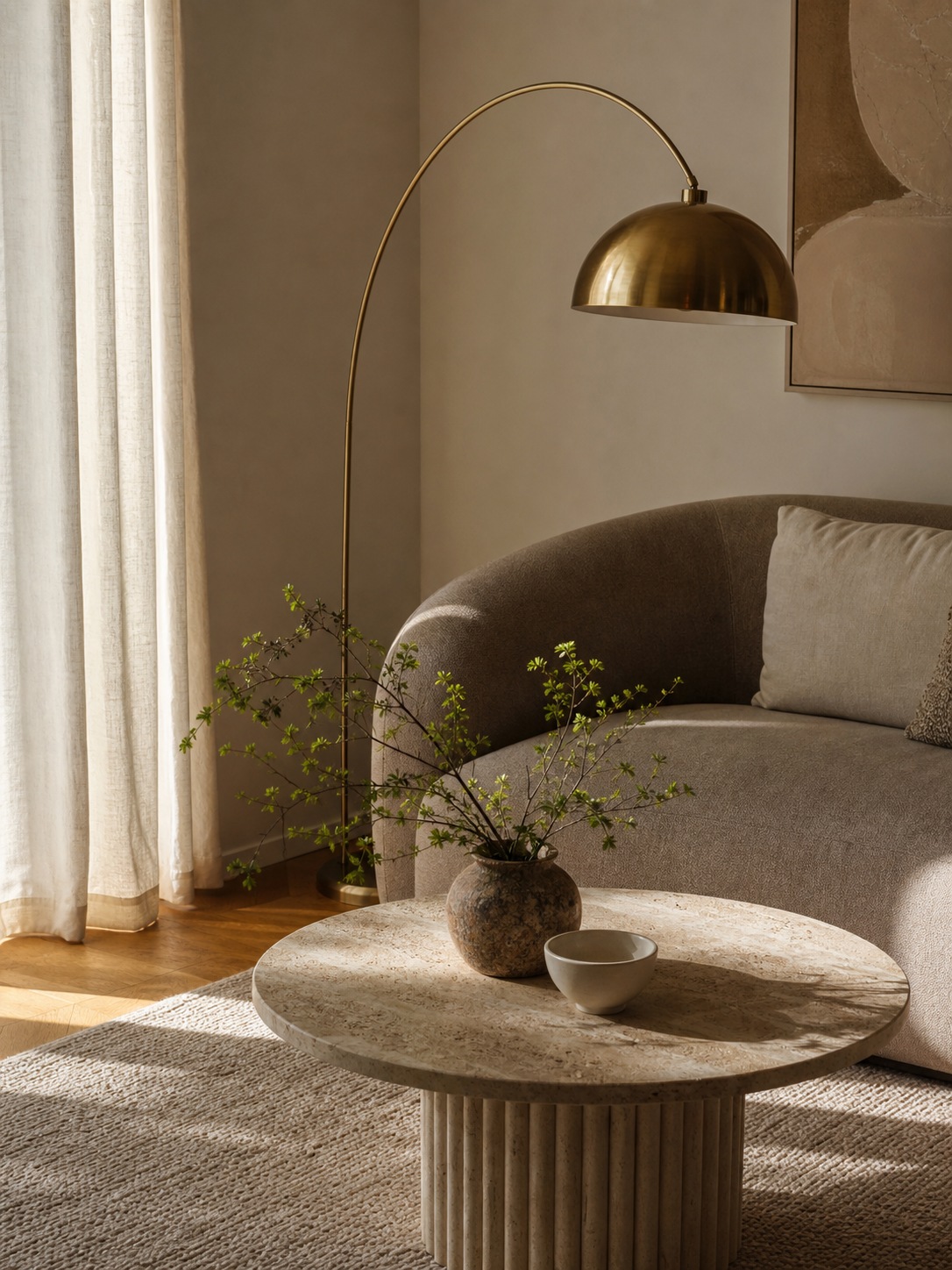 Rounded sofa and circular coffee table vignette A close living room vignette pairs a rounded sofa arm with a circular coffee table and curved floor lamp. | Sky Rye Design A close living room vignette pairs a rounded sofa arm with a circular coffee table and curved floor lamp.