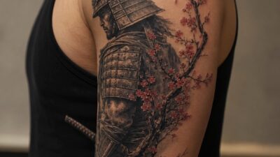 Samurai warrior tattoo with cherry blossoms on the upper arm in black and gray ink.