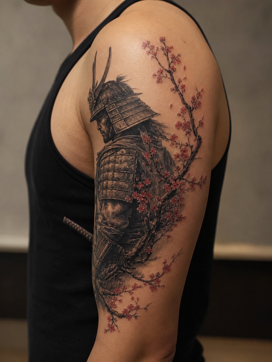 Samurai warrior and cherry blossom upper arm tattoo Samurai warrior tattoo with cherry blossoms on the upper arm in black and gray ink. | Sky Rye Design Samurai warrior tattoo with cherry blossoms on the upper arm in black and gray ink.