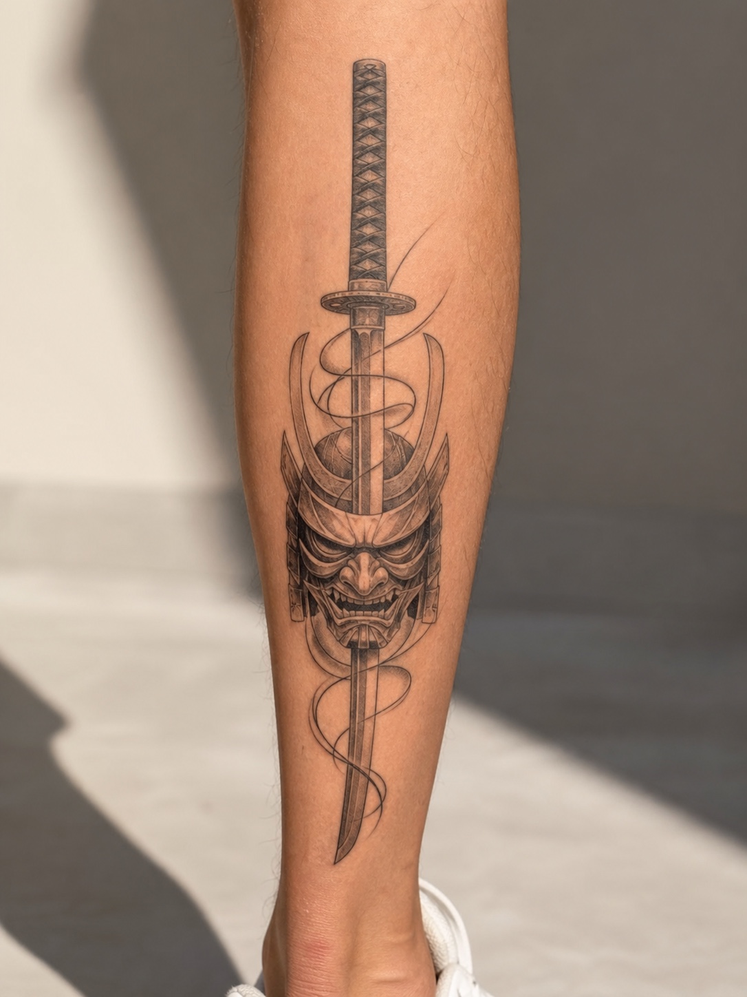 Minimalist katana and samurai mask calf tattoo Minimalist katana and samurai mask tattoo on the calf with clean black linework. | Sky Rye Design Minimalist katana and samurai mask tattoo on the calf with clean black linework.