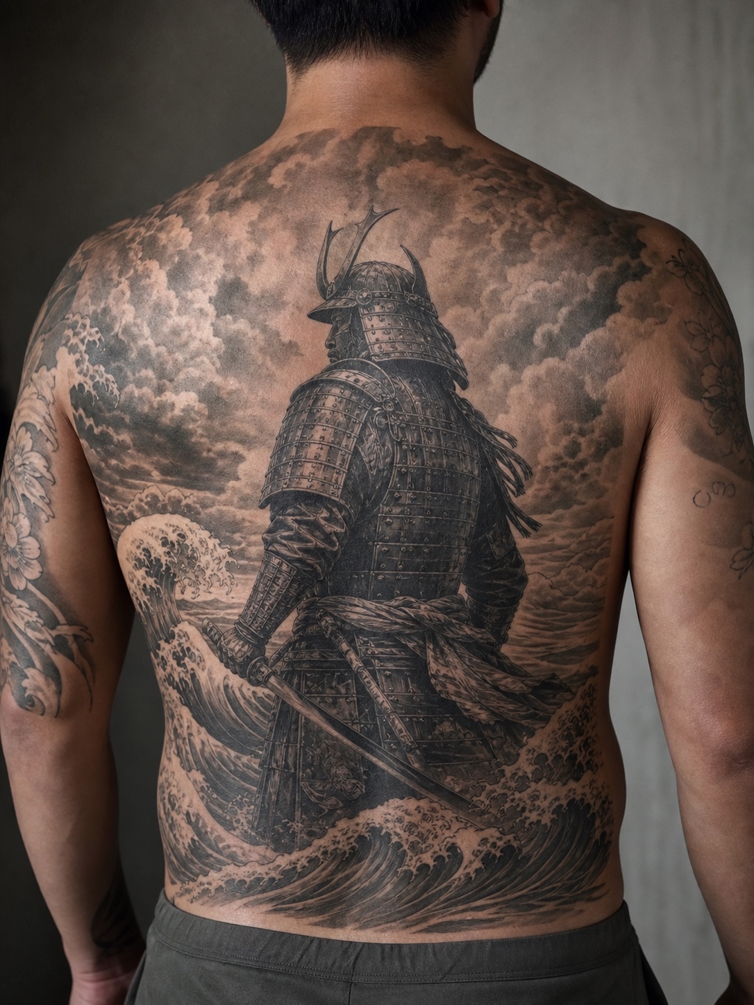 Large samurai back tattoo with waves and clouds Large samurai back tattoo with waves and clouds in detailed black and gray ink. | Sky Rye Design Large samurai back tattoo with waves and clouds in detailed black and gray ink.