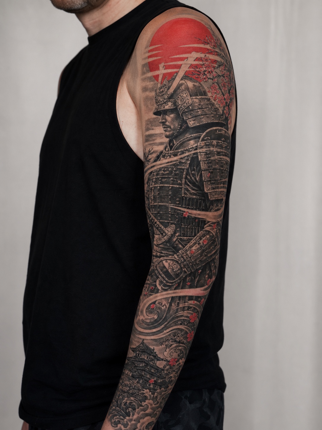 Neo-traditional samurai sleeve tattoo with red sun Neo-traditional samurai sleeve tattoo with red sun, armor details, and wind bars. | Sky Rye Design Neo-traditional samurai sleeve tattoo with red sun, armor details, and wind bars.