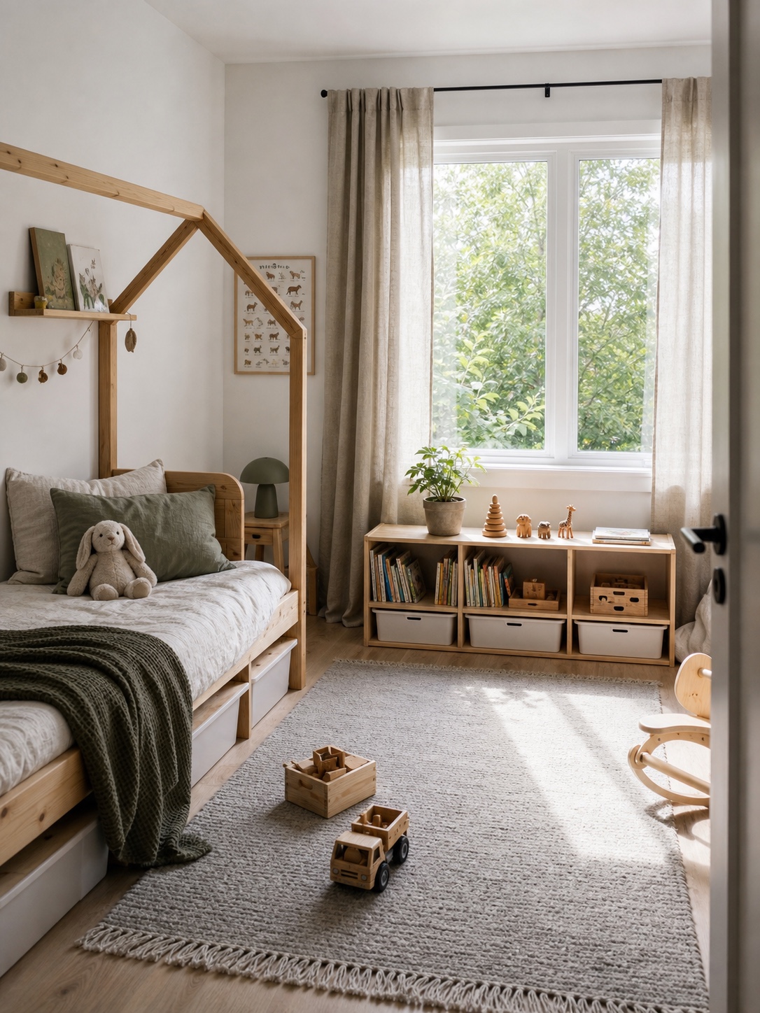 Scandinavian child bedroom with white walls, natural pine bed, linen curtains, books, toys, and a soft grey rug.