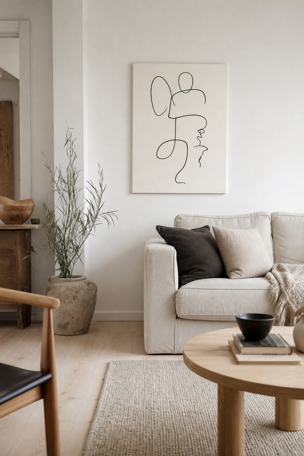 Minimal Scandinavian living room with a black line art canvas on a white wall.
