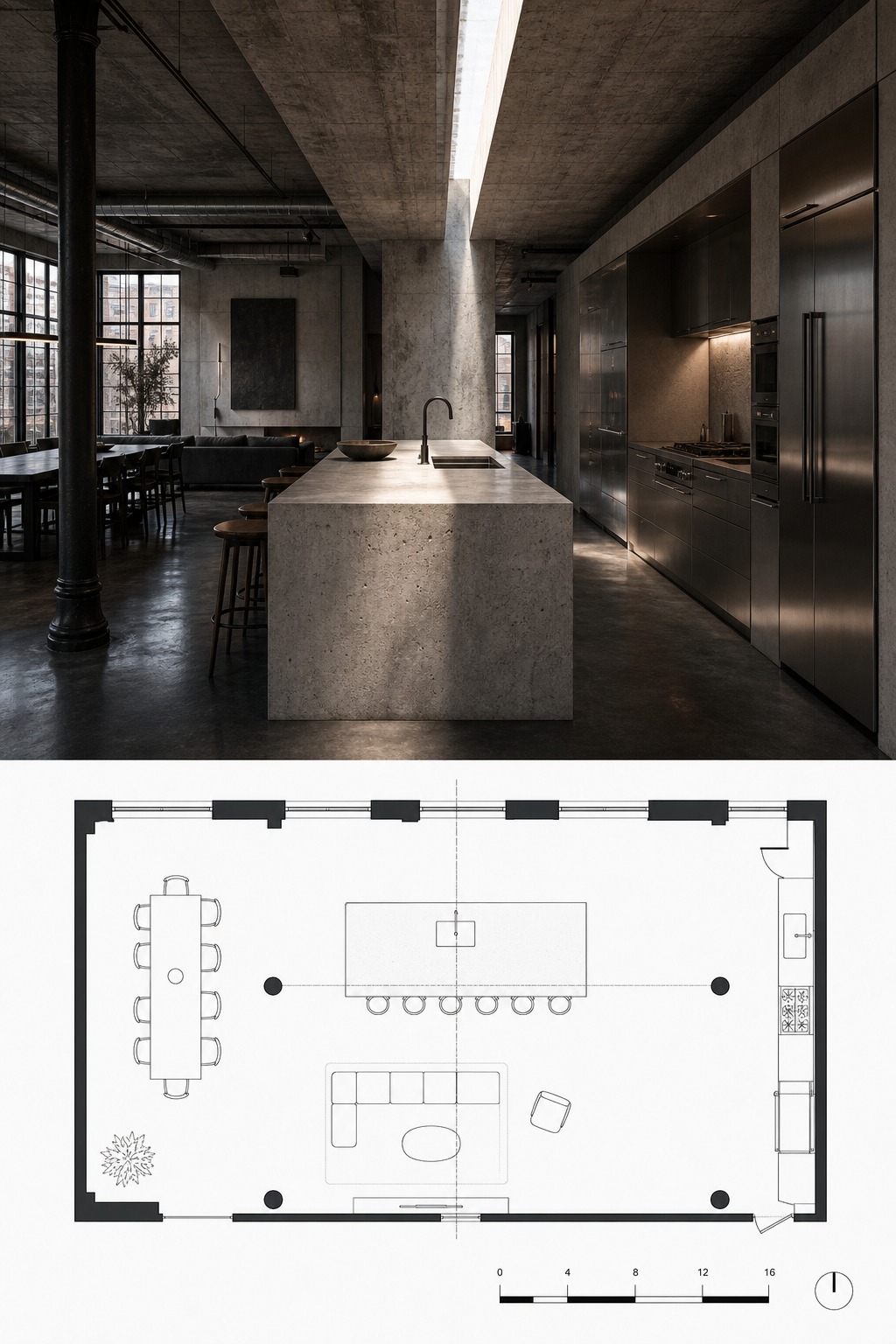 Split-panel reference of a Scandinavian white loft kitchen with pine island above a floor plan.
