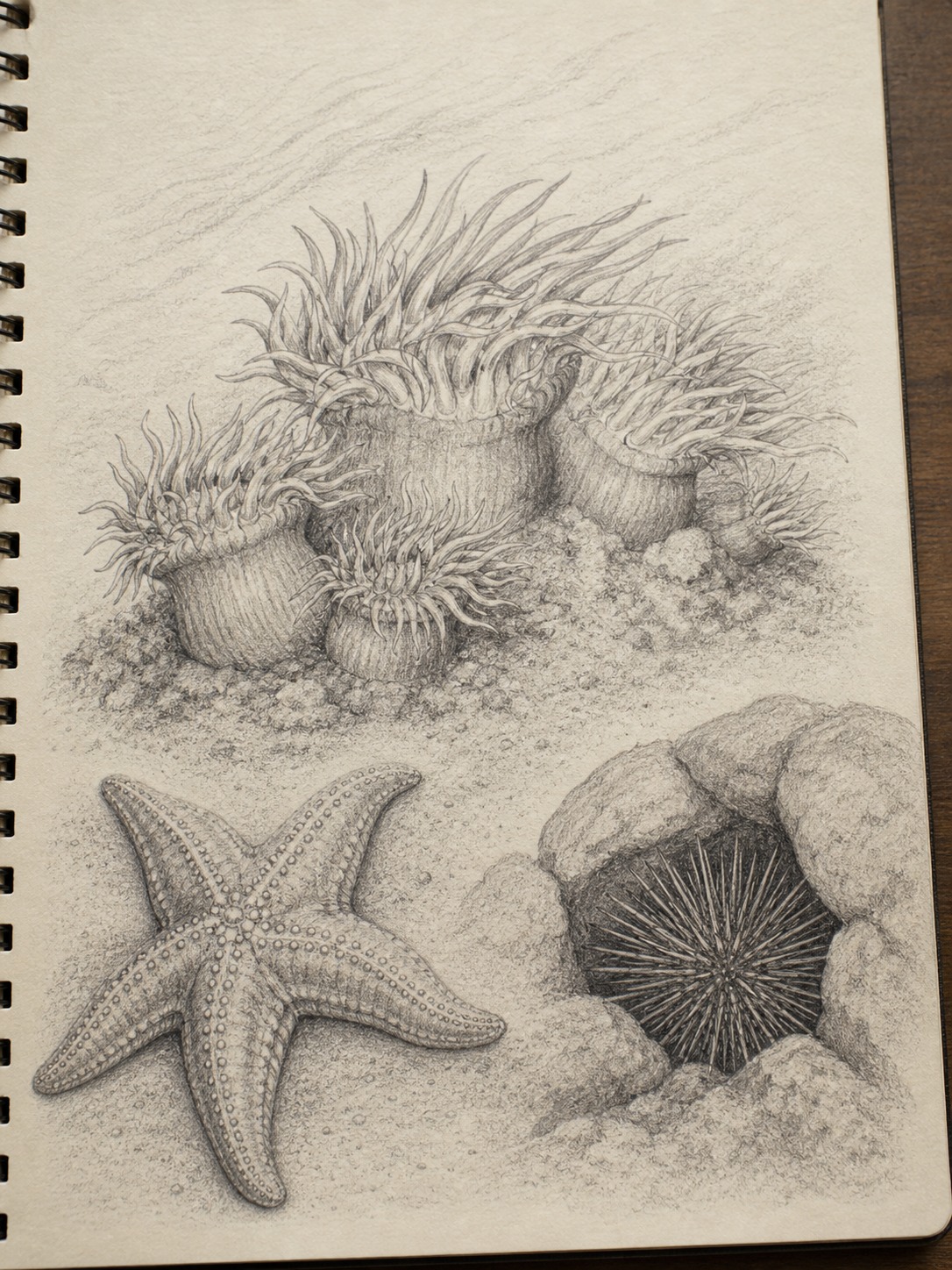 Graphite study of sea anemone, starfish, and sea urchin details on the seafloor.